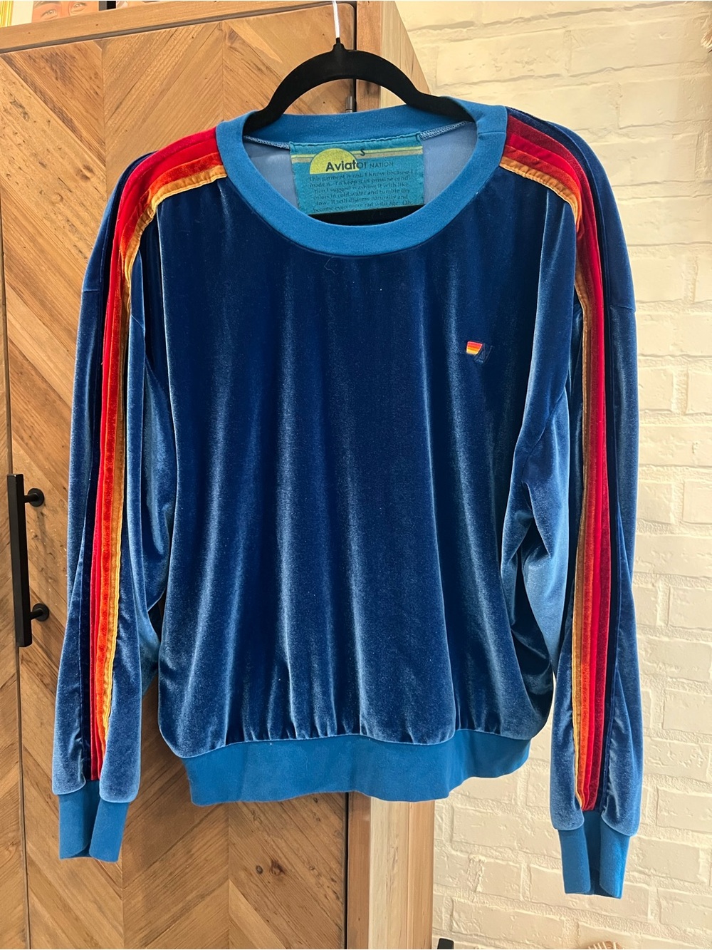 Aviator Nation Navy Velvet Track Pullover with Red & Gold Shoulder Stripes - Picture 2 of 3